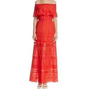 Alice + Olivia Pansy Red Embroidered Off-the-Shoulder Maxi Dress